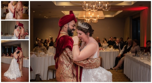 The bride laughs at the groom during their first dance at their wedding reception.
